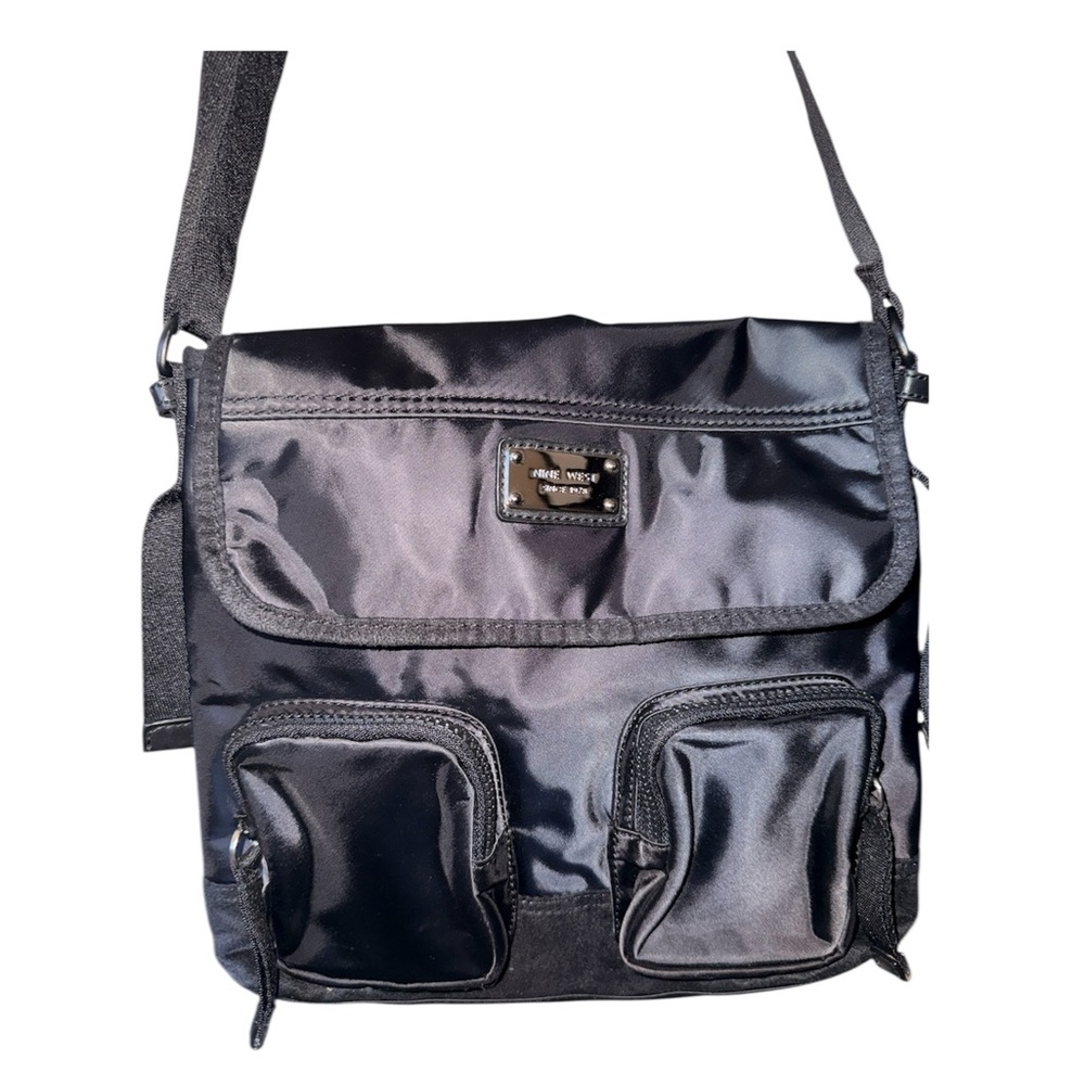 Nine West Black Nylon Shoulder Bag with Metal Logo Plate